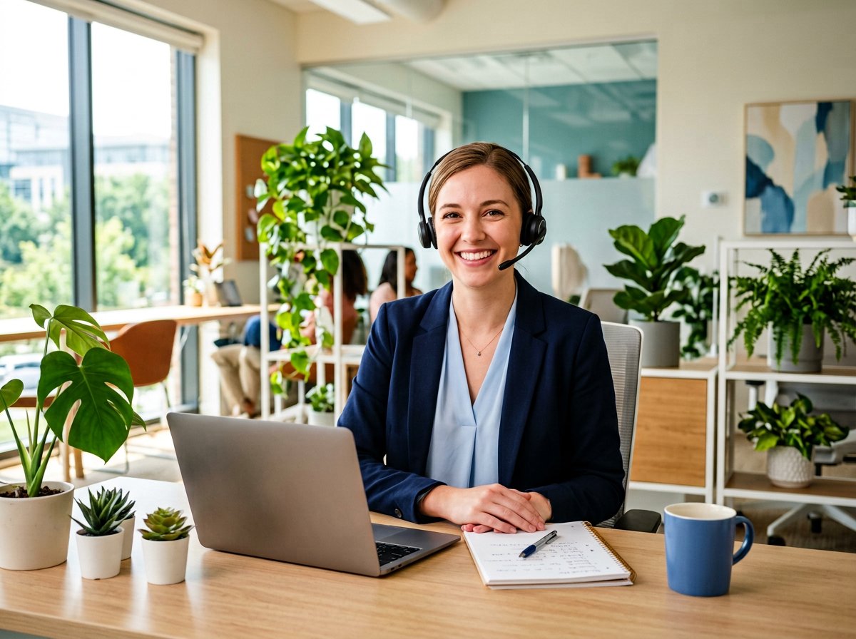 Freundliche Servicemitarbeiterin mit Headset im Büro