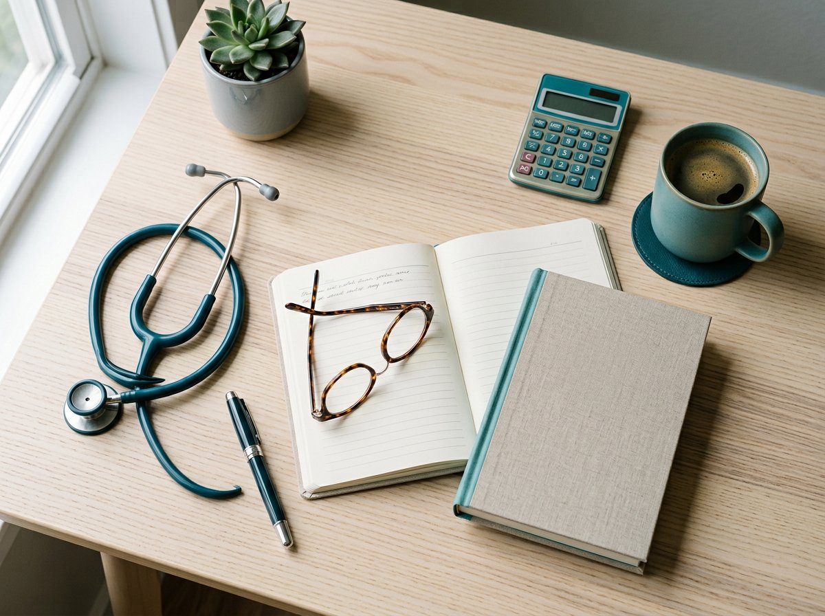 Schreibtisch mit Brille, Rechner und Notizen zum Thema Krankenversicherung