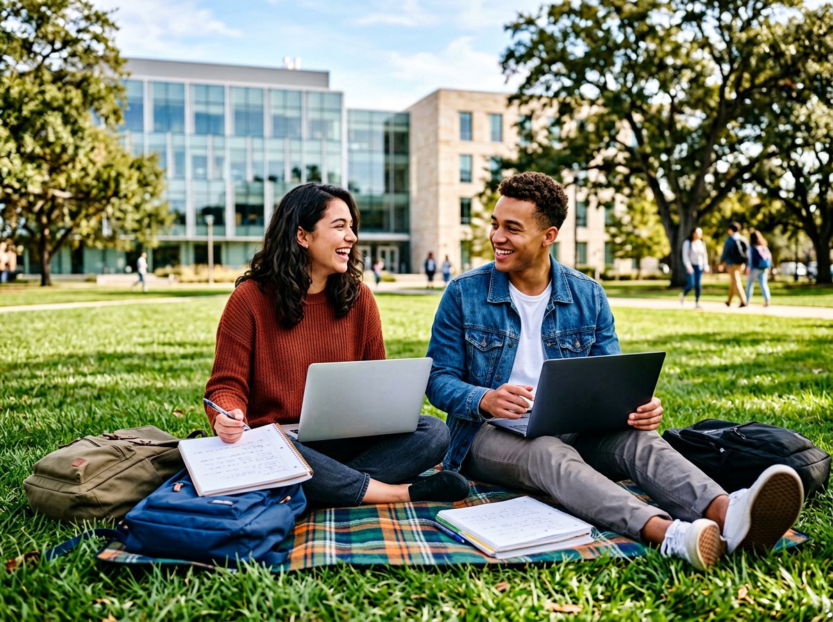 Zwei Studenten mit Laptops auf dem Campus