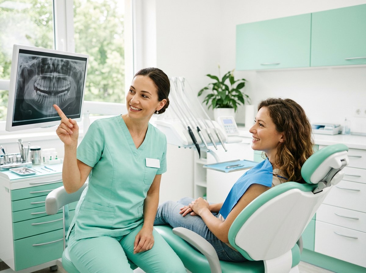 Zahnärztin erklärt Röntgenbild einer Patientin